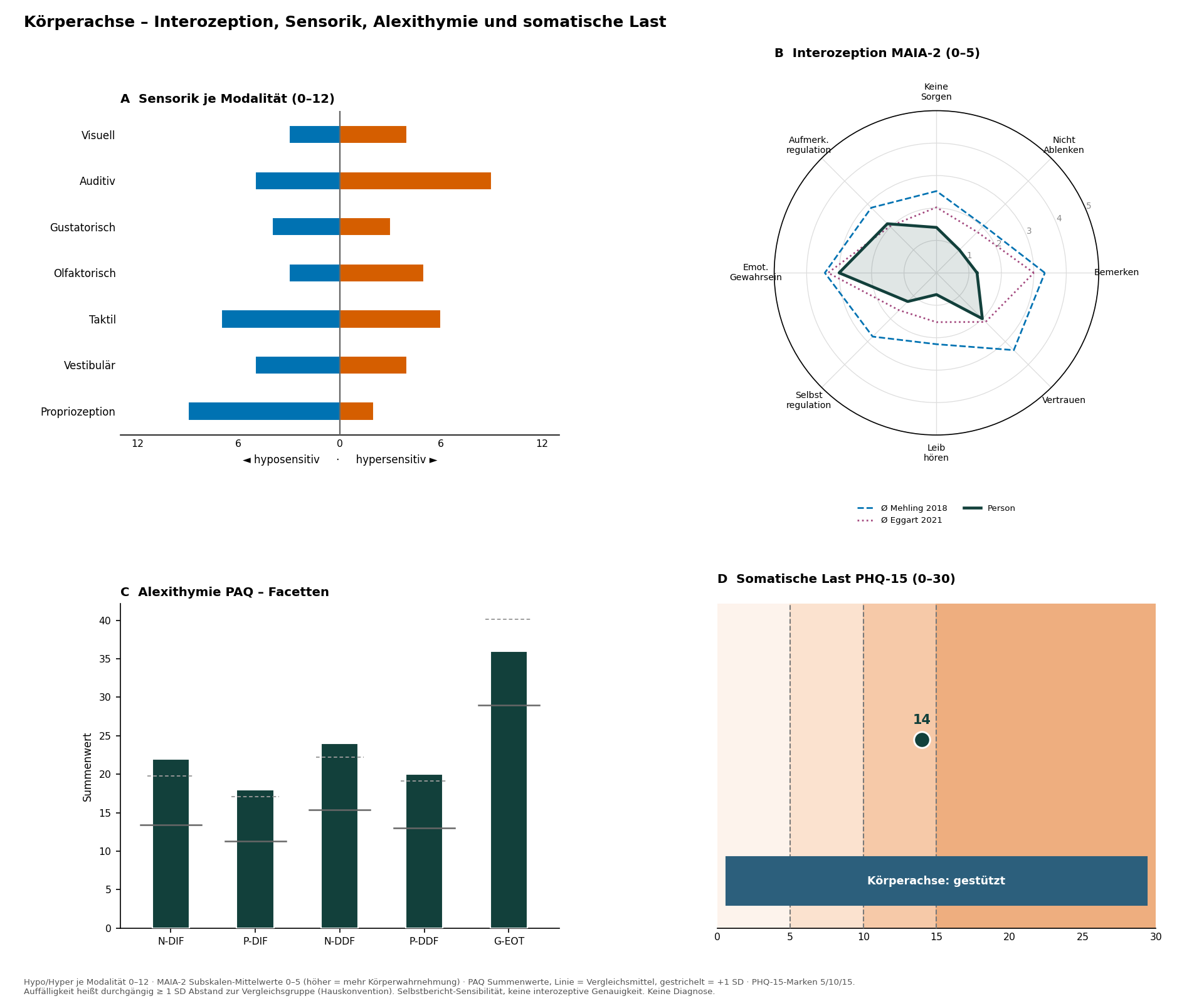 Beispielhafte Ergebnisgrafik: Körperprofil aus Reizverarbeitung, Körperwahrnehmung, Gefühlserkennen und Beschwerdelast (synthetisches Beispiel)